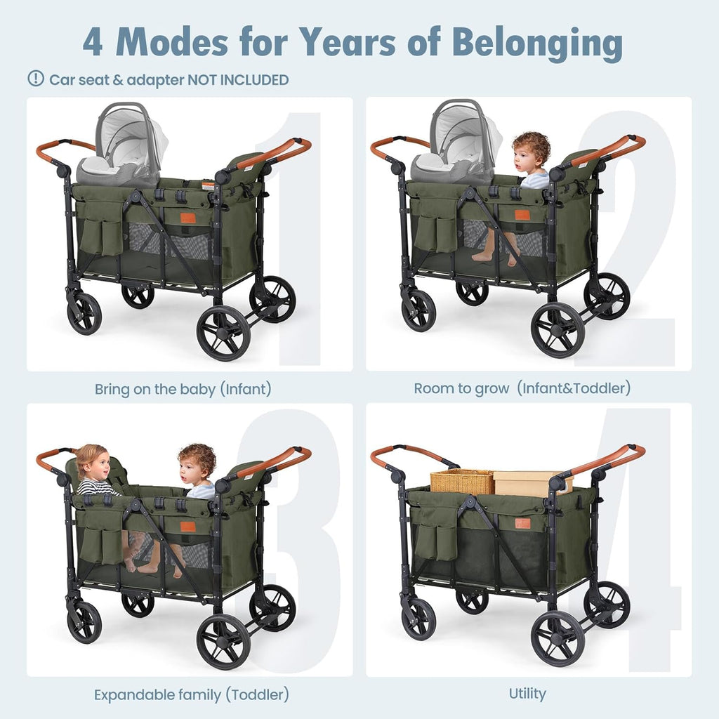 Wagon Stroller for 4 Kids, All-Terrain Wagon for Toddler with Canopy, Parent Organizer, Shoulder Bag, Adjustable Handlebar, Phone Holder, High Seat & 5 Point Harness, Ultimate Quad (Black)