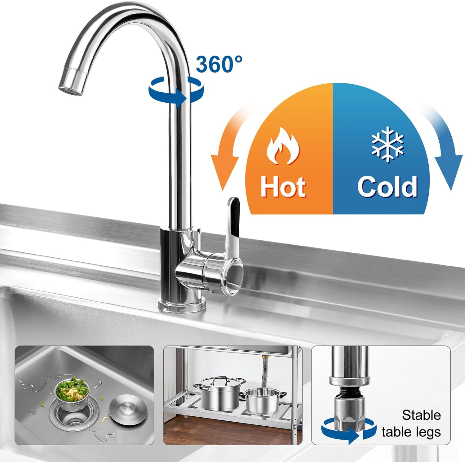 YORKING Stainless Steel Utility Sink, Free Standing Single Bowl Kitchen Sink
