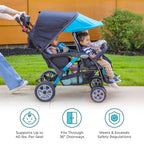 Compass Quad 4 Seat Stroller | 4-Seat Stroller for Daycare | Oversized UV Blocking Canopy | 5-Point Harness | Easy Loading | Storage Bucket | Teal