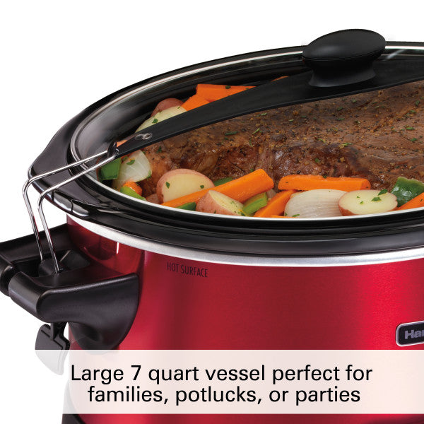 Hamilton Beach 7 Quart Stay or Go Programmable Slow Cooker with Party Dipper, Red, 33478