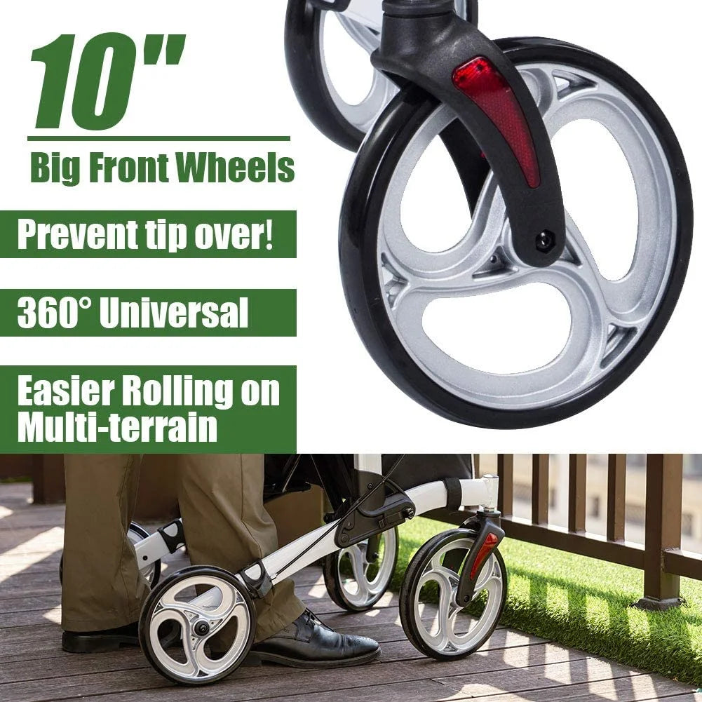 BEYOUR WALKER Upright Rollator Walker, 10′′ Wheels, Adjustable Armrest, Folding Design, White – Mobility Aid for Seniors