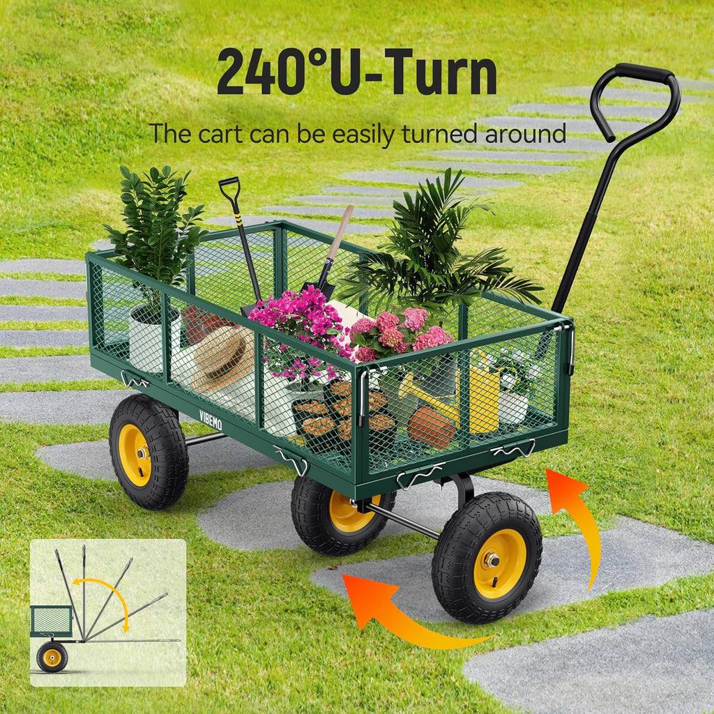 Steel Garden Cart, 2-in-1 1400 lbs Heavy Duty Utility Wagon, with Removable Mesh Sides to Convert into Flatbed, 240° U-Turn 13" Pneumatic Tires Garden Wagon for Farm Yard Lawn Garden Camping