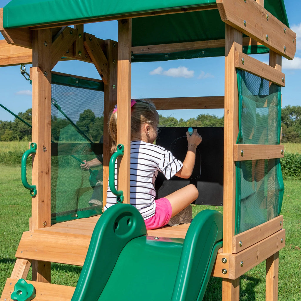 Backyard Discovery Buckley Hill Cedar Wood Swing Set with Two Belt Swings & Shaded Deck
