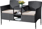Flamaker Outdoor Furniture Patio Loveseat Wicker 2-Seat with Built-in Table and Cushions Rattan Porch Chairs Bench for Balcony, Lawn, Backyard (Beige)