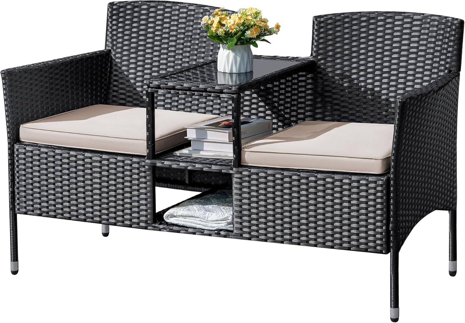 Flamaker Outdoor Furniture Patio Loveseat Wicker 2-Seat with Built-in Table and Cushions Rattan Porch Chairs Bench for Balcony, Lawn, Backyard (Beige)