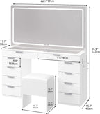 YITAHOME Vanity Set with LED Mirror, 10 Drawers, Stool Included