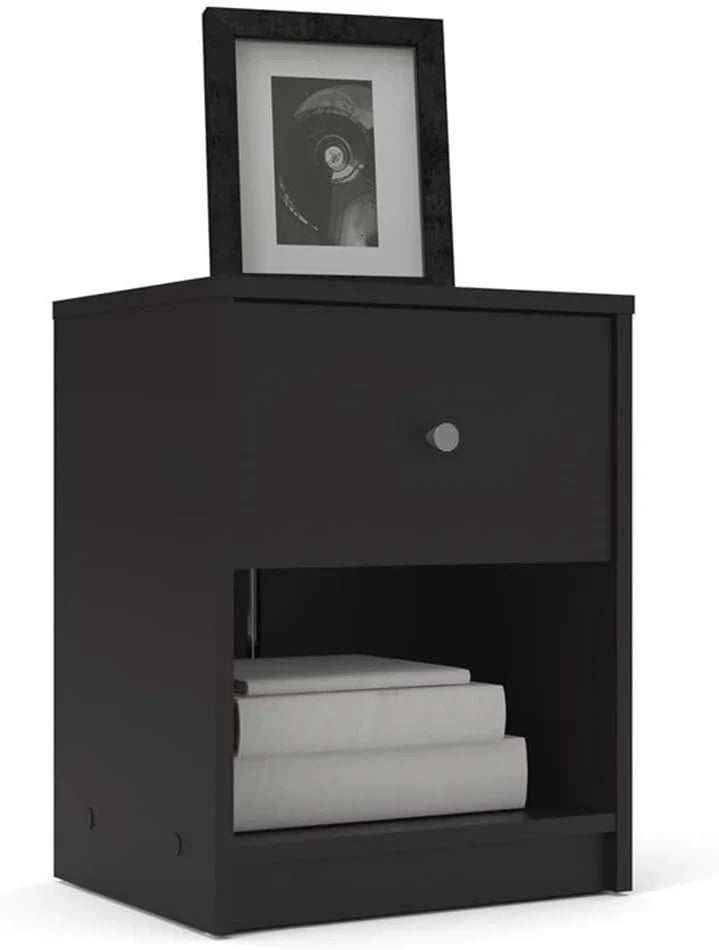 3-Pc Scandinavian Design Engineered Wood Bedroom Furniture Set with 3-Drawer Chest & 6-Drawer Double Dresser & 1-Drawer Nightstand, Pewter Plastic Handles, Smooth Plastic Glides, in Black