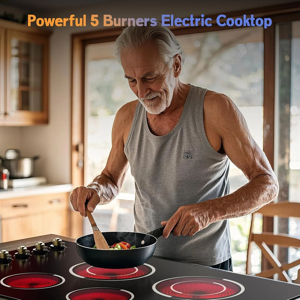 Electric Cooktop 30 Inch - 5 Burners Built-in Ceramic Cooktop, 30" Electric Stove Top with Glass Protection Metal Frame, 9 Heating Level, 8400W, 220-240V for Hard Wire(No Plug)