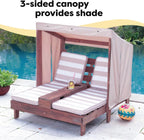 KidKraft Wooden Outdoor Double Chaise Lounge with Cup Holders, Kid's Patio Furniture, Honey with Navy and White Striped Fabric, Gift for Ages 3-8