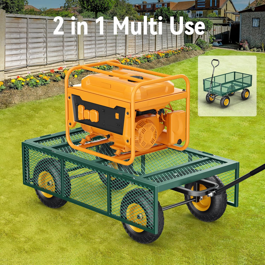 Steel Garden Cart, 2-in-1 1400 lbs Heavy Duty Utility Wagon, with Removable Mesh Sides to Convert into Flatbed, 240° U-Turn 13" Pneumatic Tires Garden Wagon for Farm Yard Lawn Garden Camping