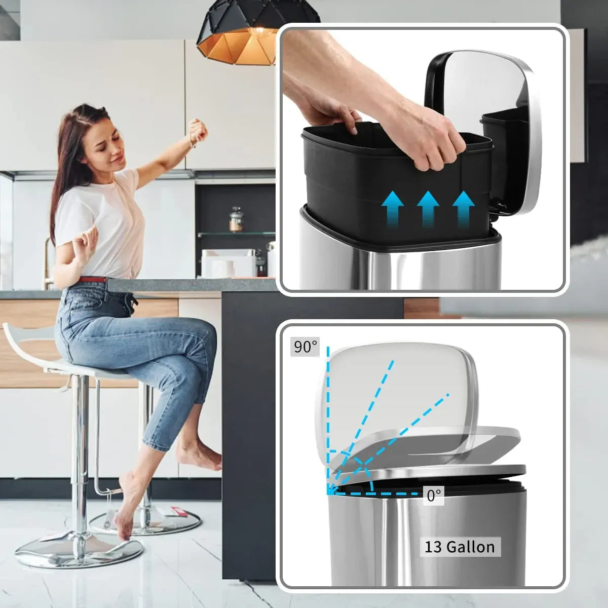 Bigacc 13 Gallon 50 Liter Kitchen Trash Can with Touch-Free & Motion Sensor, Automatic Stainless-Steel Garbage Can, Anti-Fingerprint Mute Designed Trash Bin Brushed Stainless Steel