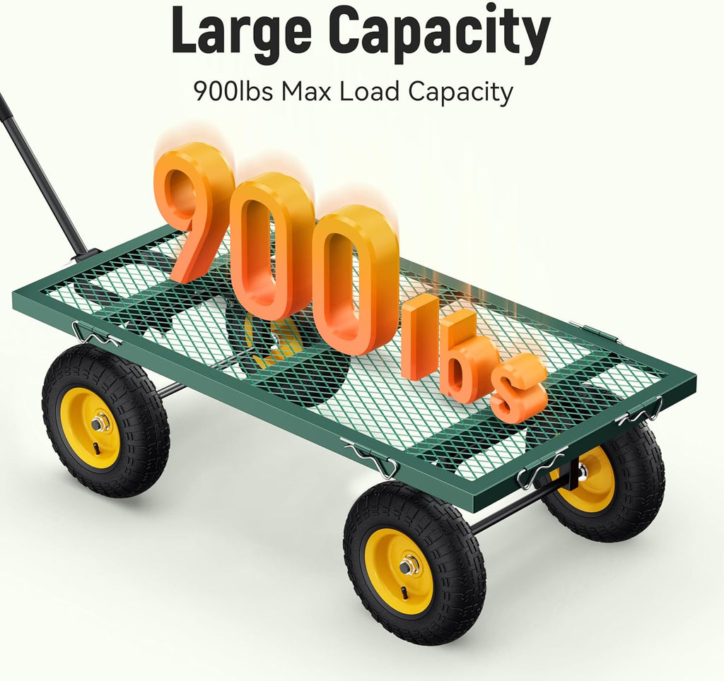 Steel Garden Cart, 2-in-1 1400 lbs Heavy Duty Utility Wagon, with Removable Mesh Sides to Convert into Flatbed, 240° U-Turn 13" Pneumatic Tires Garden Wagon for Farm Yard Lawn Garden Camping