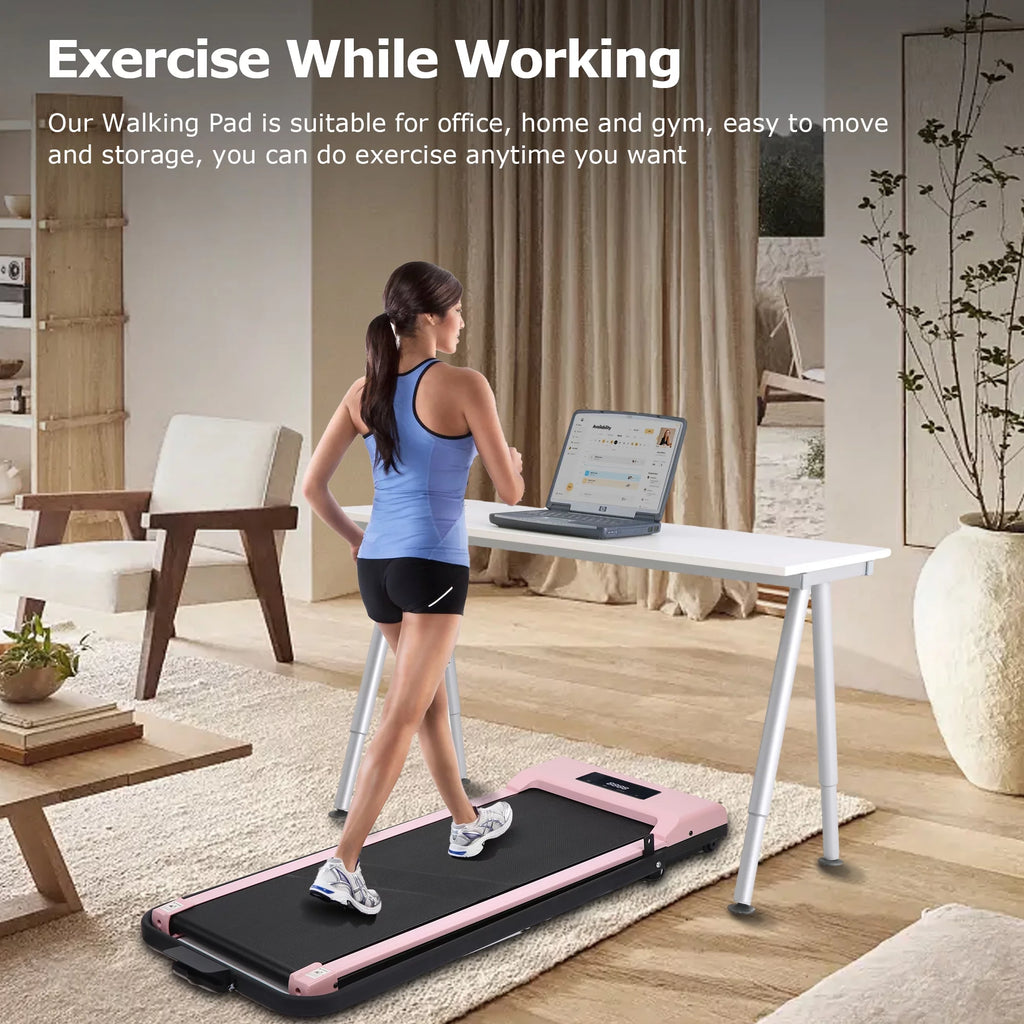 BITOUSHI Treadmill Under Desk Walking Pad 2 in 1, 3.0HP Portable Small Treadmill for Office & Home, Ultra Quiet & Installation-Free with Remote Control, LED Display, 220 Lb Capacity - Pink