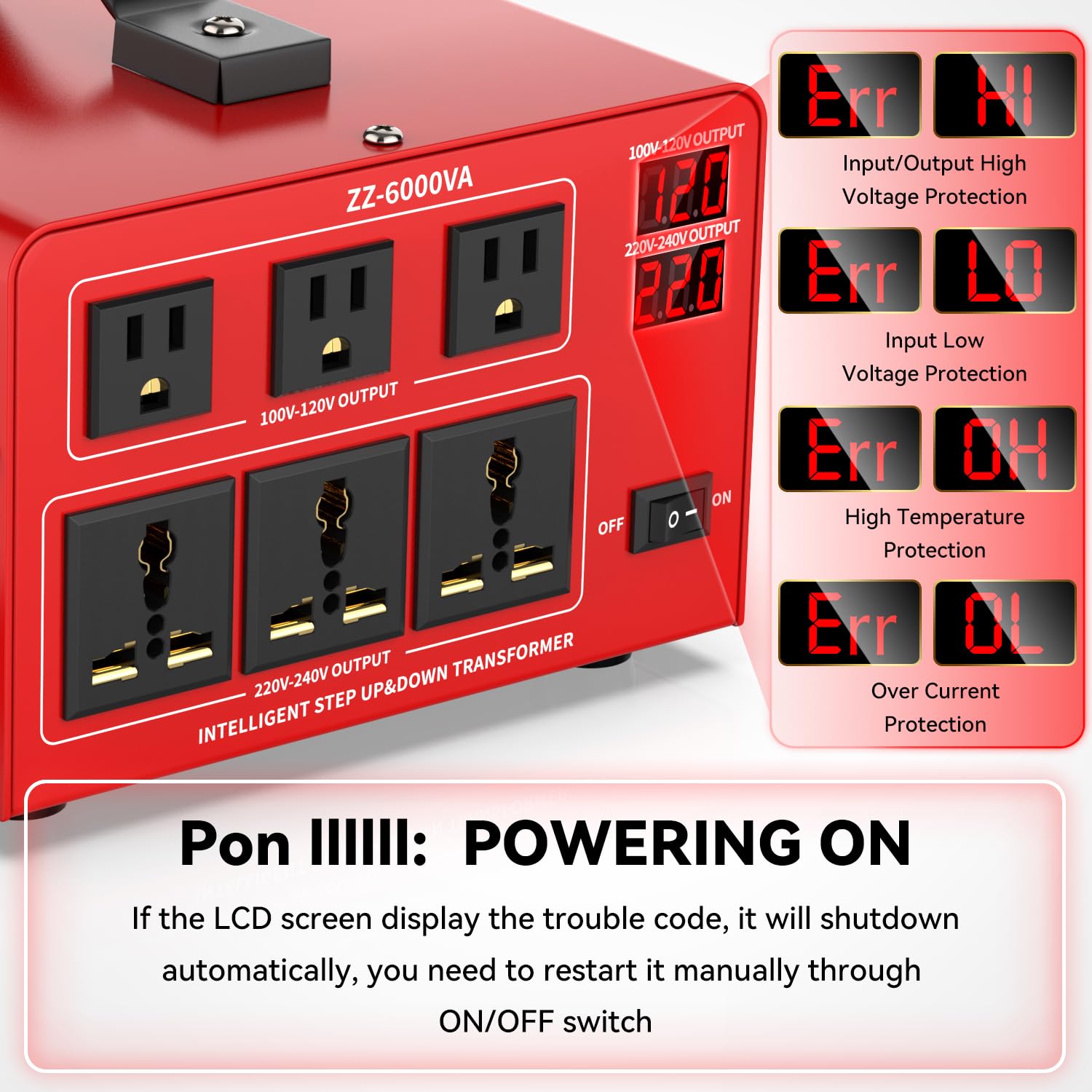 6000 Watt Voltage Converter Transformer Heavy Duty Step Up/Down Power Converter 220V to 110V, 110V to 220V with 3 US Outlets, 3 Universal Outlets, LCD Display, Circuit Breaker Protection