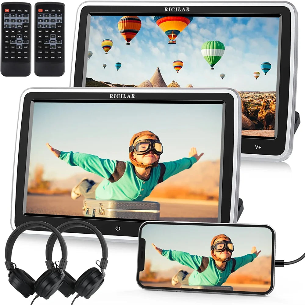 RICILAR 10.5′′ Dual Screen Portable Car DVD Player, HD, Multi-Format, Includes Headphones & Mounts