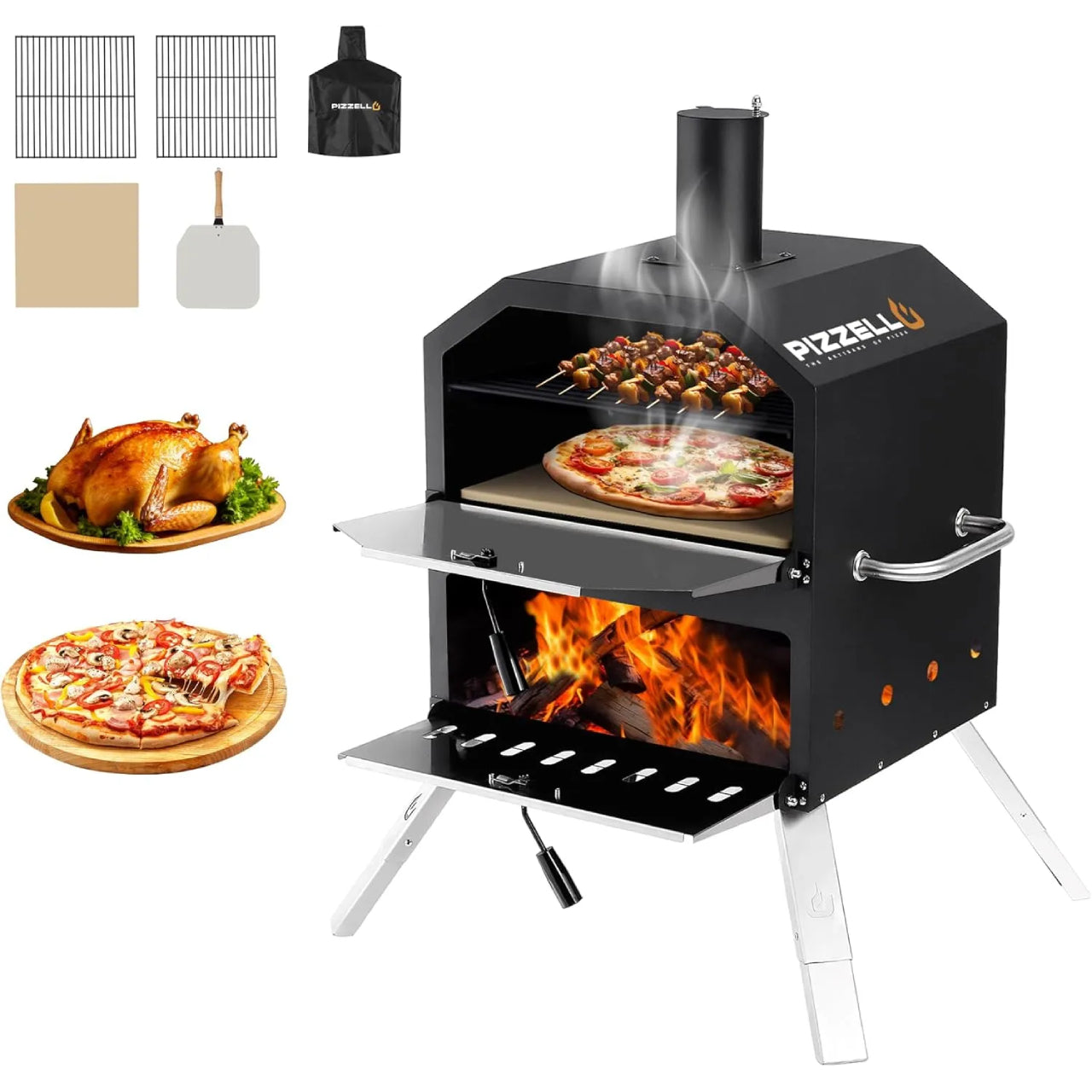 PIZZELLO Large Wood Fired 2-Layer Pizza Ovens with Pizza Stone, Pizza Peel, Grill Grate