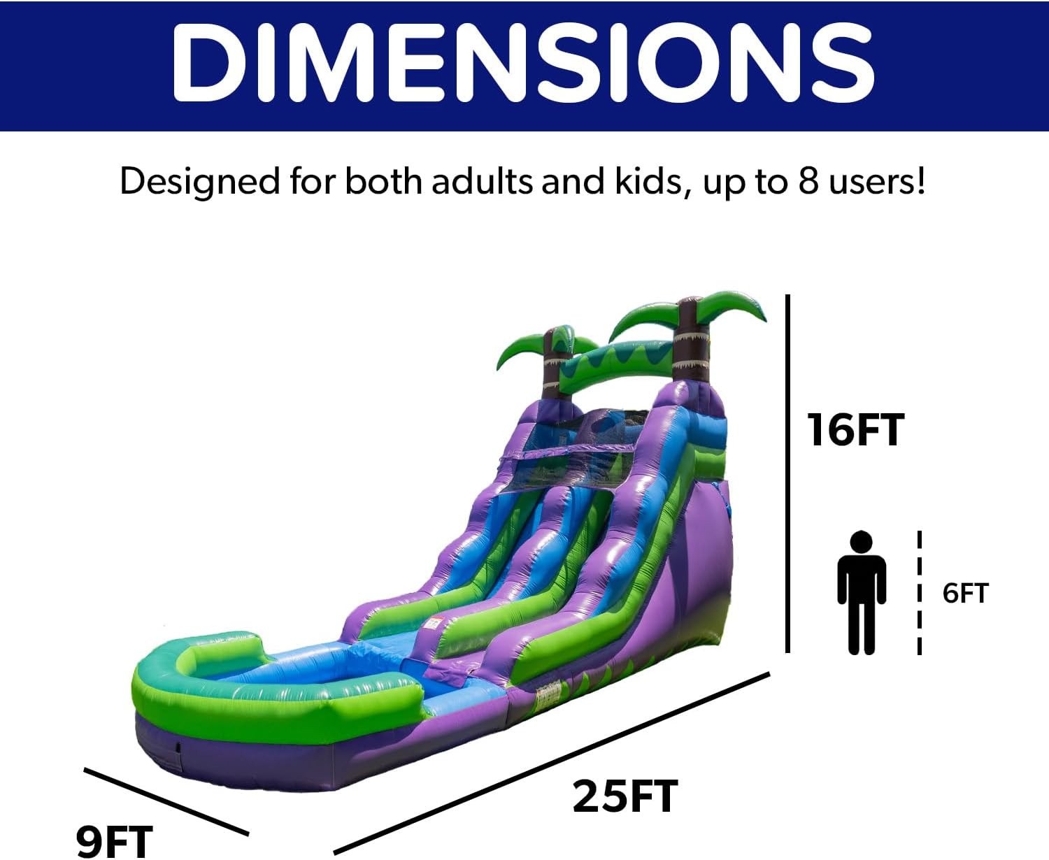 HeroKiddo 16’ Purple Tropical Lightweight Premium Commercial Grade Water Slide Inflatable with Attached Pool for Kids and Adults (with Blower), Wet Dry Use, Summer Fun