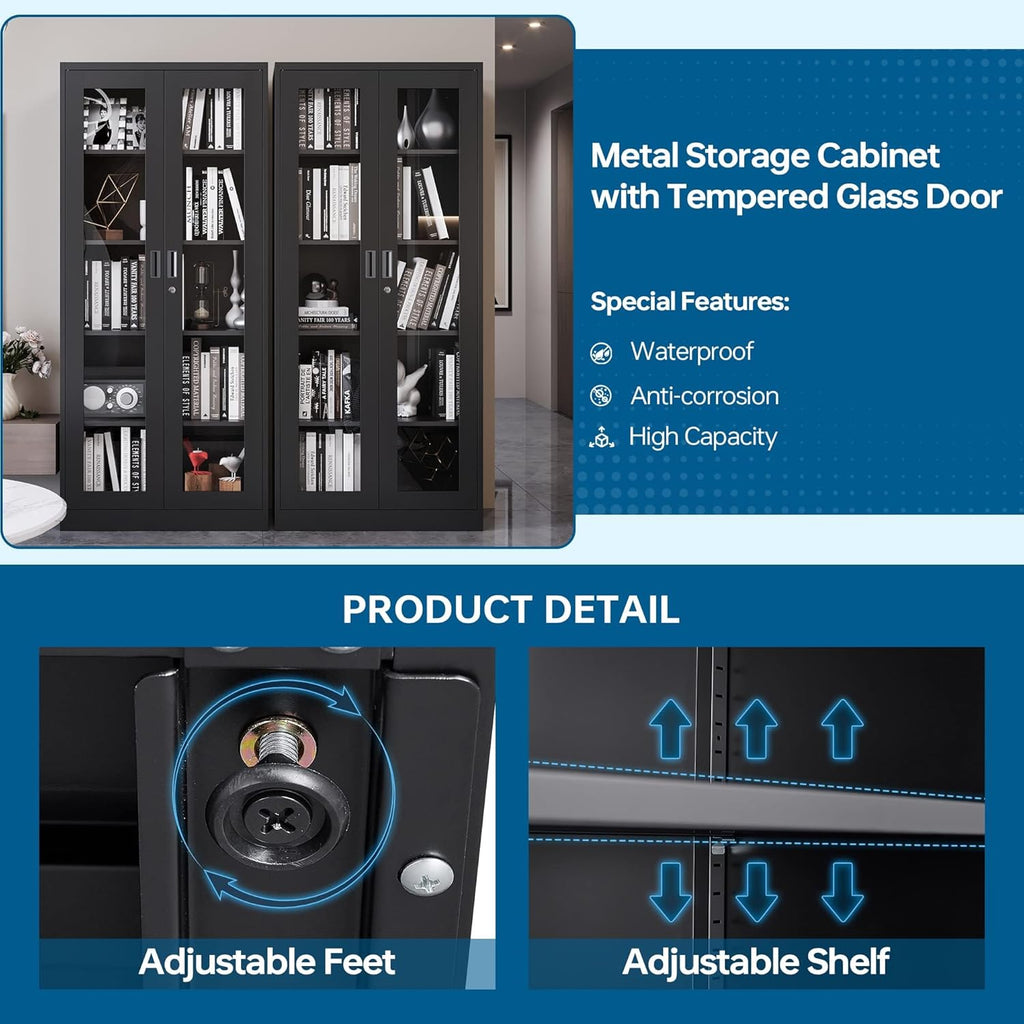 PEUKC Display Cabinet with Glass Doors, Curio Cabinets with 4 Adjustable Shelves