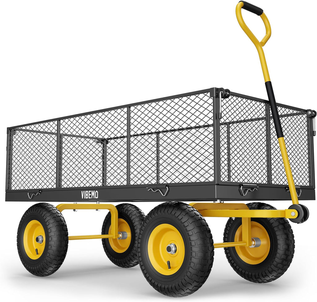 Steel Garden Cart, 2-in-1 1400 lbs Heavy Duty Utility Wagon, with Removable Mesh Sides to Convert into Flatbed, 240° U-Turn 13" Pneumatic Tires Garden Wagon for Farm Yard Lawn Garden Camping