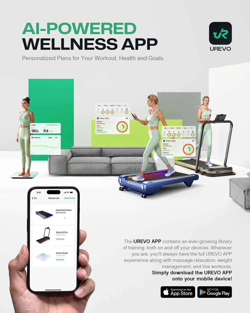 UREVO Smart Walking Pad, Compact Under Desk Treadmill