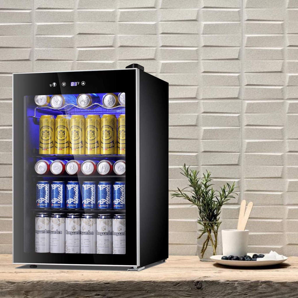 Beverage Refrigerator Cooler120 Can Mini Fridge Glass Door for Soda Beer Wine Stainless Steel Glass Door Small Drink Dispenser Machine Digital Display for Home, Office Bar,45cuft