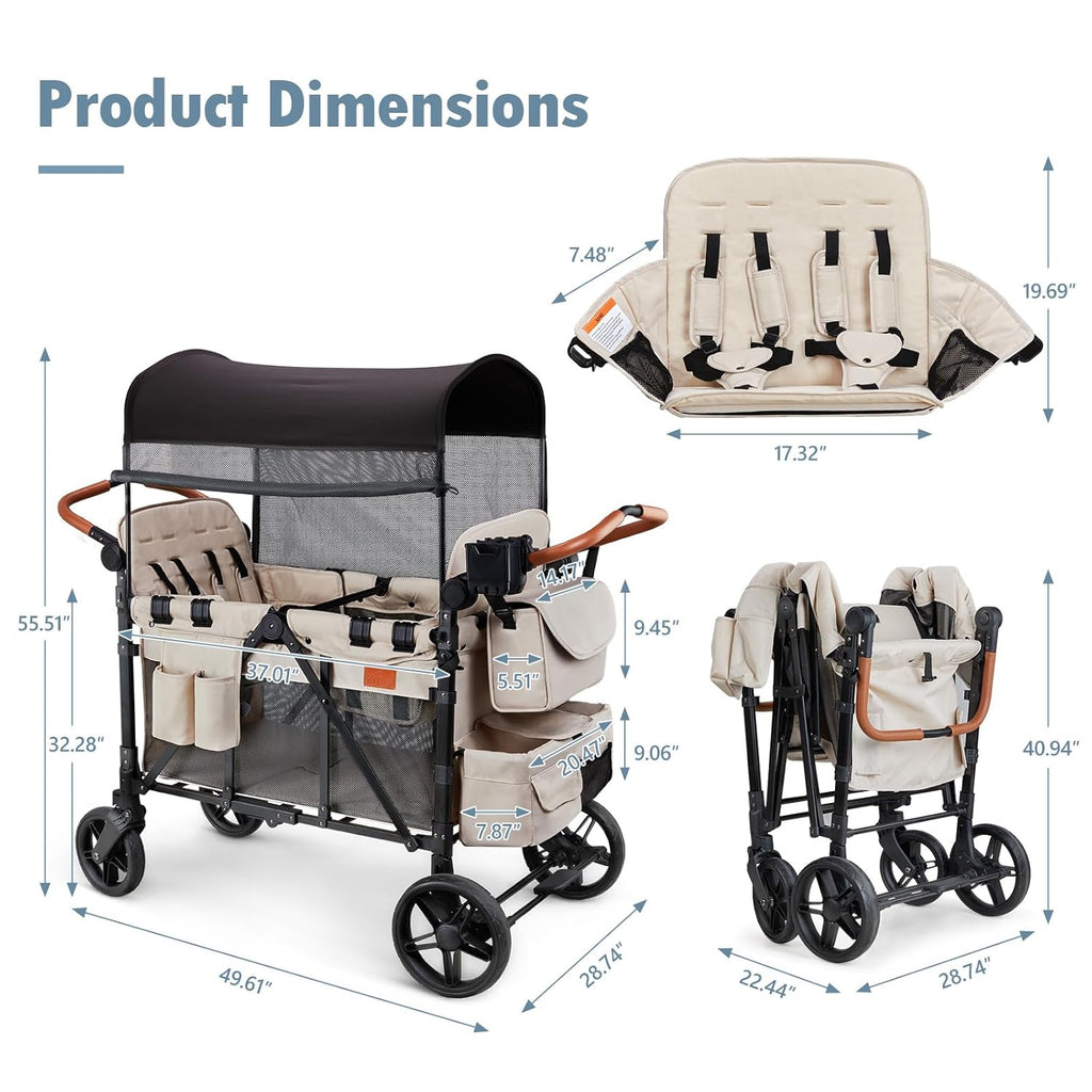 Wagon Stroller for 4 Kids, All-Terrain Wagon for Toddler with Canopy, Parent Organizer, Shoulder Bag, Adjustable Handlebar, Phone Holder, High Seat & 5 Point Harness, Ultimate Quad (Black)