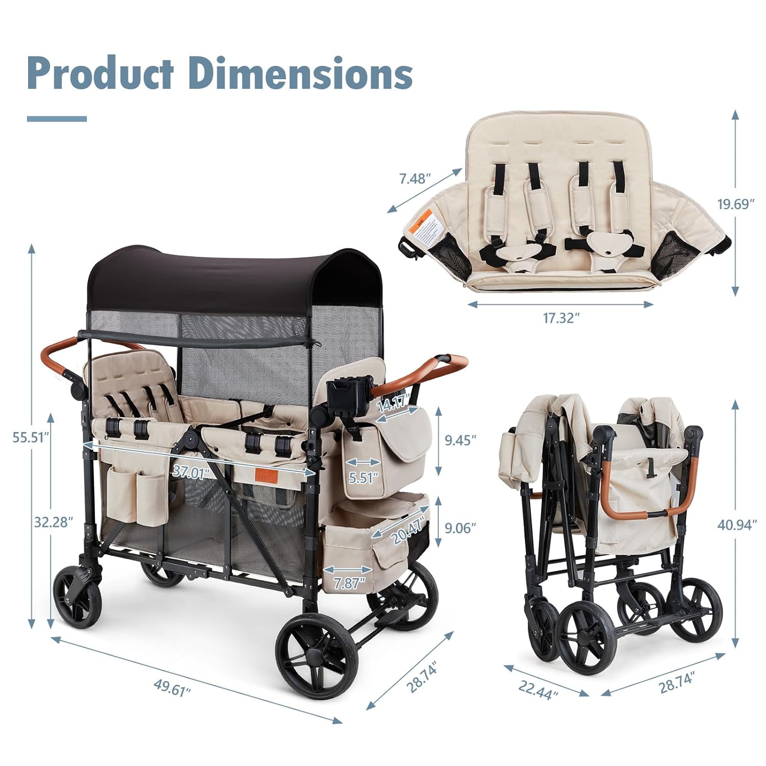 Wagon Stroller for 4 Kids, All-Terrain Wagon for Toddler with Canopy, Parent Organizer, Shoulder Bag, Adjustable Handlebar, Phone Holder, High Seat & 5 Point Harness, Ultimate Quad (Black)