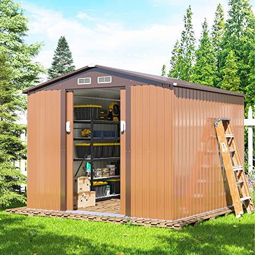 JAXPETY Sheds & Outdoor Storage 6x8 FT Garden Shed Tool Metal Outdoor Storage Shed with Sliding Doors for Backyard, Patio Coffee