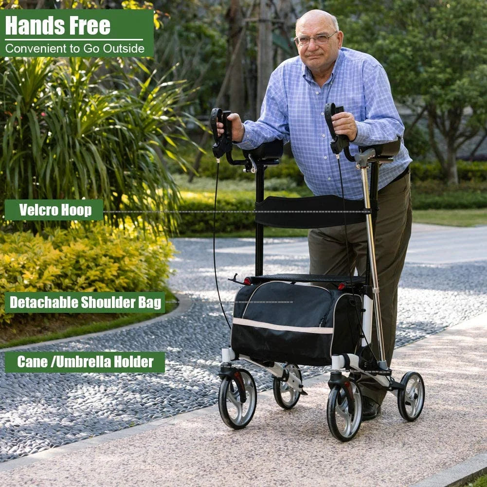 BEYOUR WALKER Upright Rollator Walker, 10′′ Wheels, Adjustable Armrest, Folding Design, White – Mobility Aid for Seniors