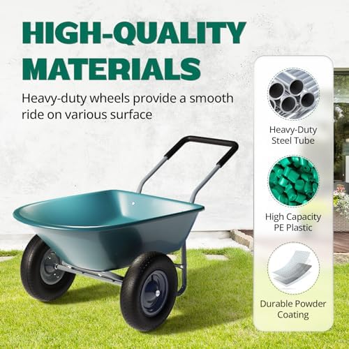2025 2 Wheel Wheelbarrow  330 Pounds Capacity Yard Cart with Padded Handlebar  14 Inch Pneumatic Tires for High Stability  Ideal for Moving Soil  Plant Shrub  Gardening Tool  Easy Assembly