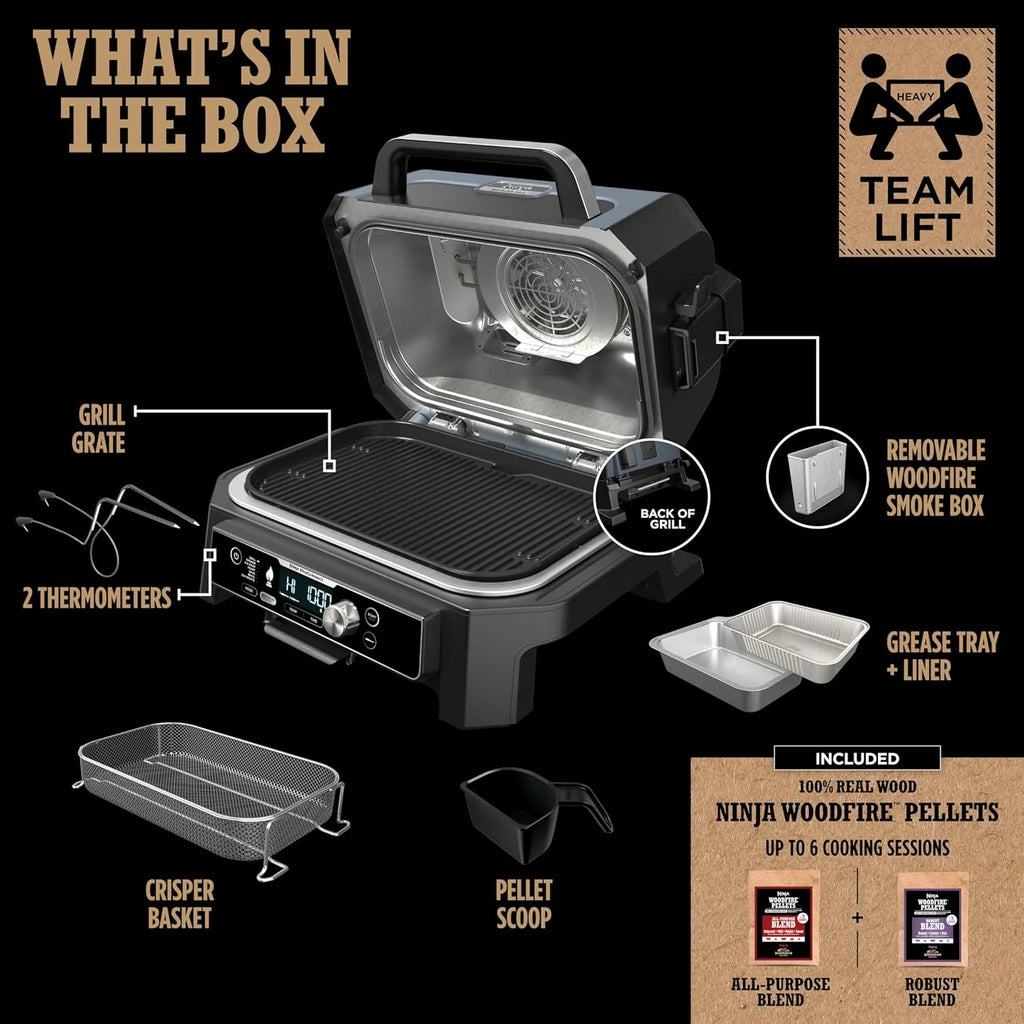 Ninja, Woodfire Pro XL Outdoor Grill & Smoker, Thermometer, 4-in-1 Master Grill, BBQ Smoker, Outdoor Air Fryer, Bake, Portable, Electric Grill, Dark Grey, OG850