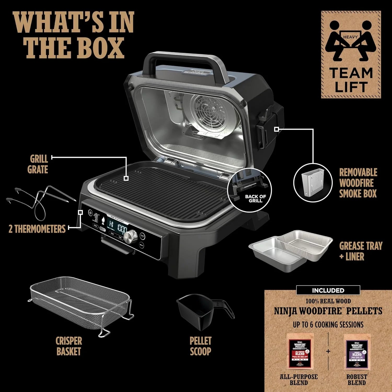 Ninja, Woodfire Pro XL Outdoor Grill & Smoker, Thermometer, 4-in-1 Master Grill, BBQ Smoker, Outdoor Air Fryer, Bake, Portable, Electric Grill, Dark Grey, OG850