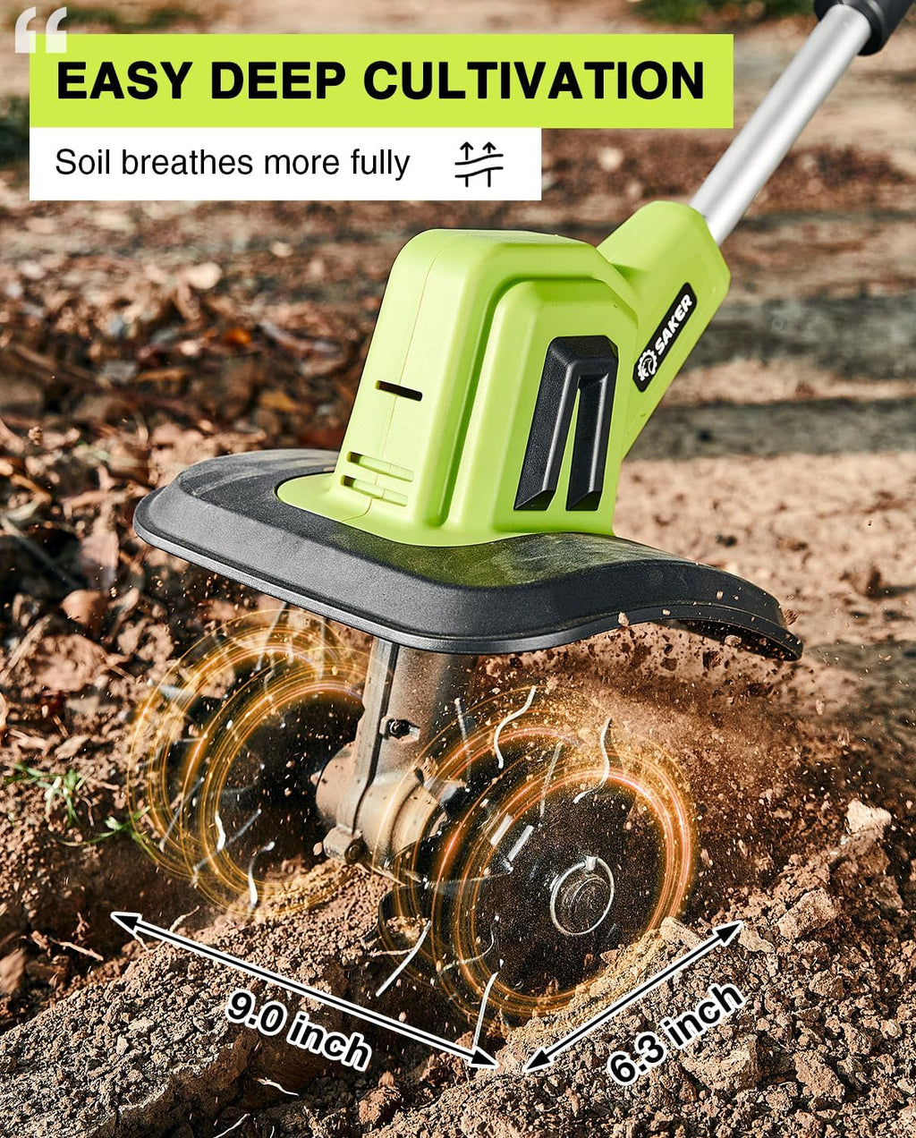 Saker 22V Cordless Electric Garden Tiller Cultivator, Lightweight Rototiller for Gardening, 9-Inch Tilling Width, 6.3-Inch Depth for Soil Preparation, Weeding, and Gardening 2 Batteries SK-TC18B