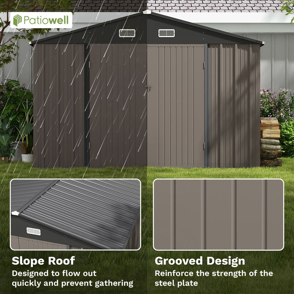 Patiowell 10×10 ft Metal Outdoor Storage Shed, Sloping Roof, Double Lockable Doors, Coffee Brown