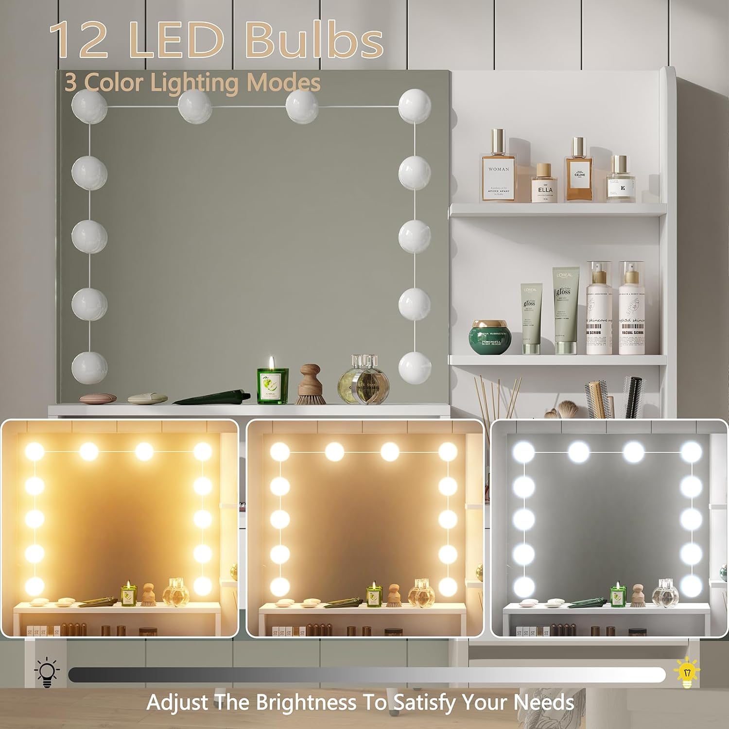 Furniouse Vanity Mirror with Lights and Table Set with 5 Drawers