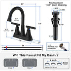 Bathroom Faucets for Sink 3 Hole, Hurran 4 inch Matte Black Bathroom Sink Faucet with Pop-up Drain