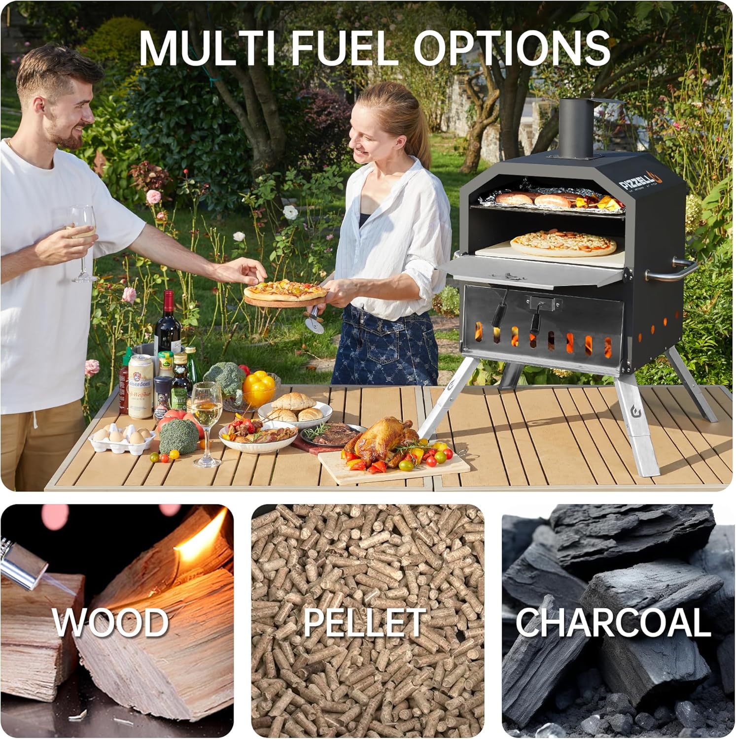 PIZZELLO Large Wood Fired 2-Layer Pizza Ovens with Pizza Stone, Pizza Peel, Grill Grate