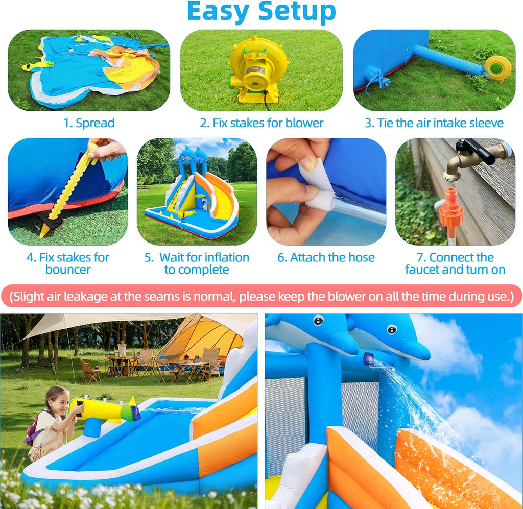 Water Slide,5 in 1 Dolphin Inflatable Bounce House for Kids- Climbing Wall Splash Pool Water Cannon Basketball Rim - 480W Blower - for Indoor Outdoor Backyard Birthday Party