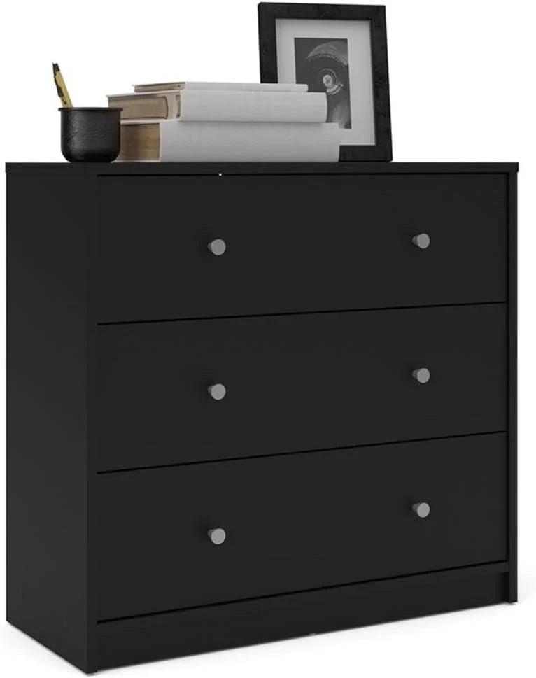 3-Pc Scandinavian Design Engineered Wood Bedroom Furniture Set with 3-Drawer Chest & 6-Drawer Double Dresser & 1-Drawer Nightstand, Pewter Plastic Handles, Smooth Plastic Glides, in Black