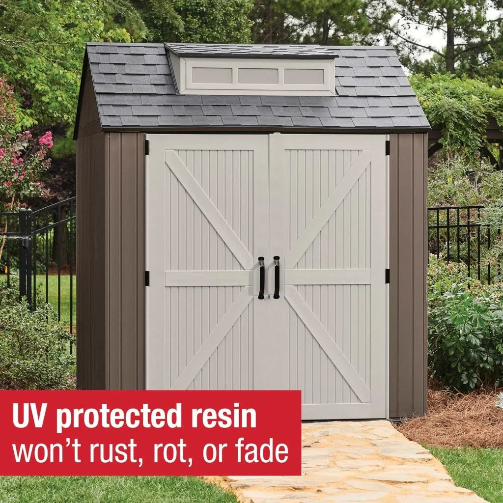 Rubbermaid Resin Outdoor Storage Shed With Floor (7 x 7 Ft) Weather Resistant Gray Organization for Home/Backyard/Garden Tools/Lawn Mower/Bike Storage/Pool Supplies