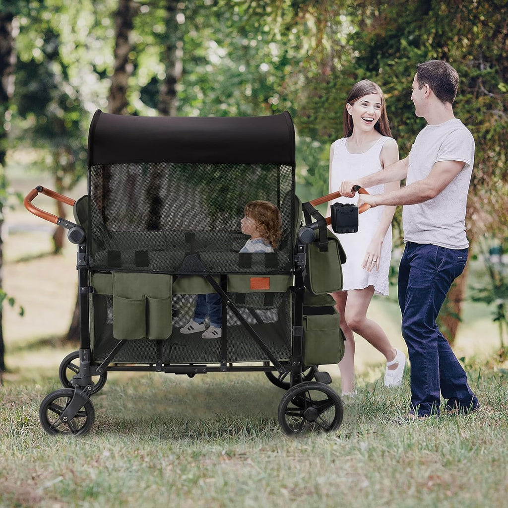 Wagon Stroller for 4 Kids, All-Terrain Wagon for Toddler with Canopy, Parent Organizer, Shoulder Bag, Adjustable Handlebar, Phone Holder, High Seat & 5 Point Harness, Ultimate Quad (Black)