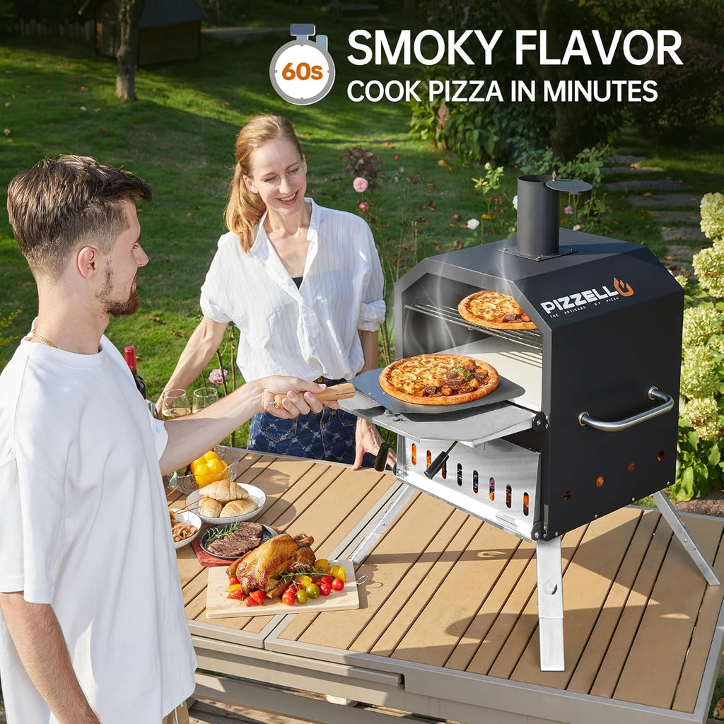 PIZZELLO Large Wood Fired 2-Layer Pizza Ovens with Pizza Stone, Pizza Peel, Grill Grate