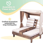 KidKraft Wooden Outdoor Double Chaise Lounge with Cup Holders, Kid's Patio Furniture, Honey with Navy and White Striped Fabric, Gift for Ages 3-8
