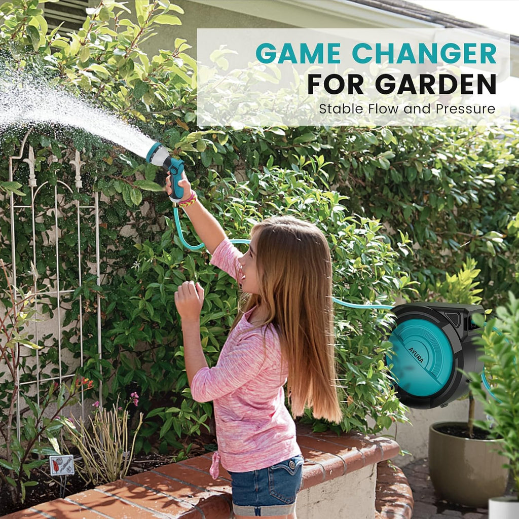 AYURA Retractable Garden Hose Reel, Any Length Lock, Slow Auto-Rewind, 10 Pattern Nozzle