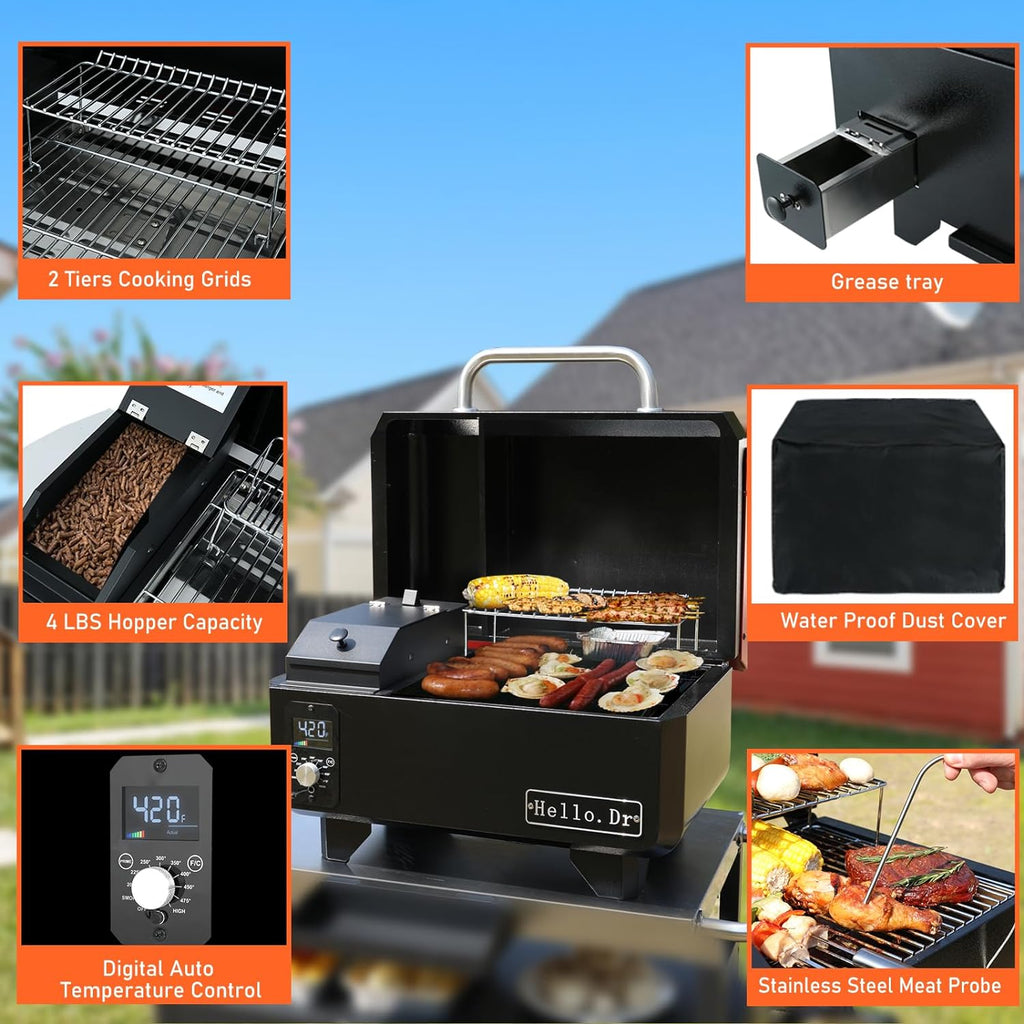 Hello.Dr Portable Wood Pellet Grill & Smoker, 8-in-1 Electric BBQ with Intelligent Temp Control, Ideal for RV Camping & Tailgating, Black