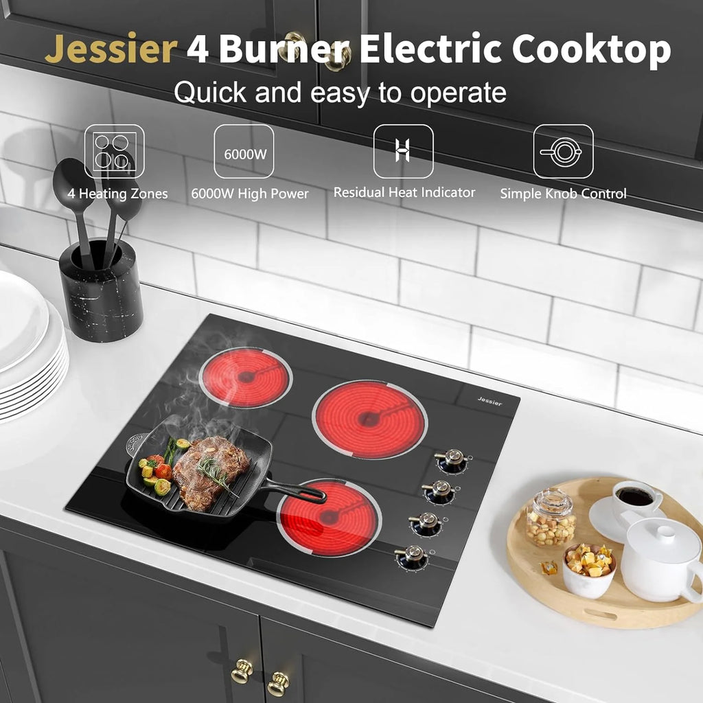 Electric Cooktop 30 Inch - 5 Burners Built-in Ceramic Cooktop, 30" Electric Stove Top with Glass Protection Metal Frame, 9 Heating Level, 8400W, 220-240V for Hard Wire(No Plug)