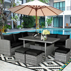 7 PCS Resin Wicker Outdoor Sectional Sofa Set Rattan Patio Seating Group with Dining Table, Ottomans & Cushions