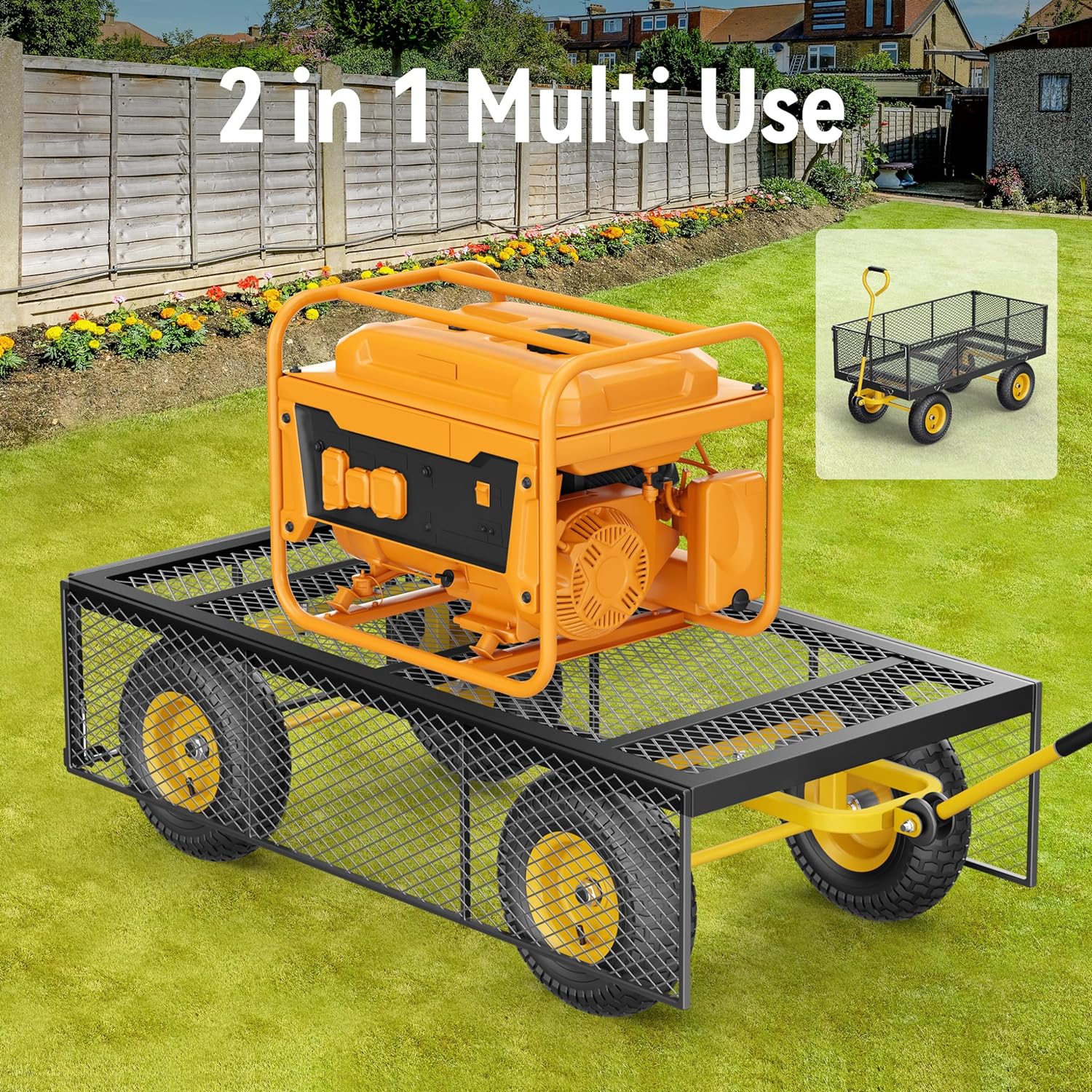 Steel Garden Cart, 2-in-1 1400 lbs Heavy Duty Utility Wagon, with Removable Mesh Sides to Convert into Flatbed, 240° U-Turn 13" Pneumatic Tires Garden Wagon for Farm Yard Lawn Garden Camping