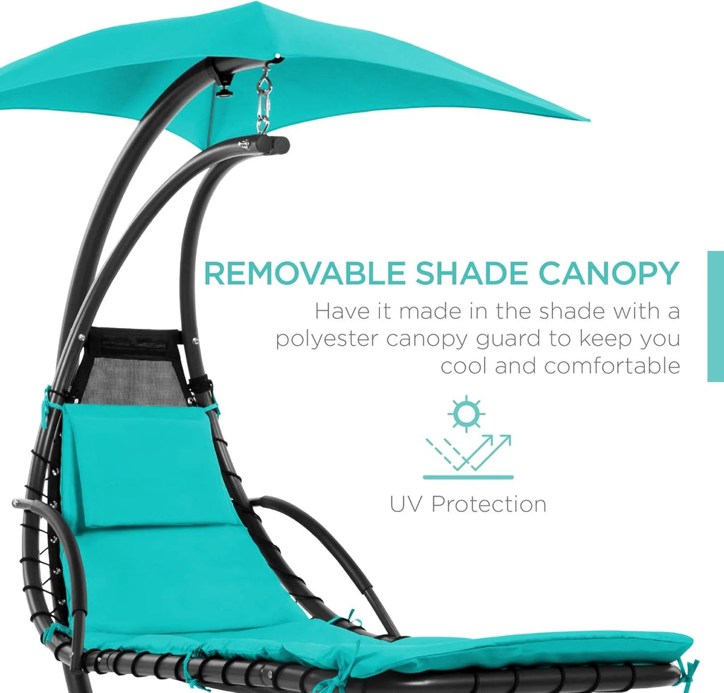 Best Choice Products Outdoor Hanging Curved Steel Chaise Lounge Chair Swing w/Built-in Pillow and Removable Canopy - Charcoal Gray