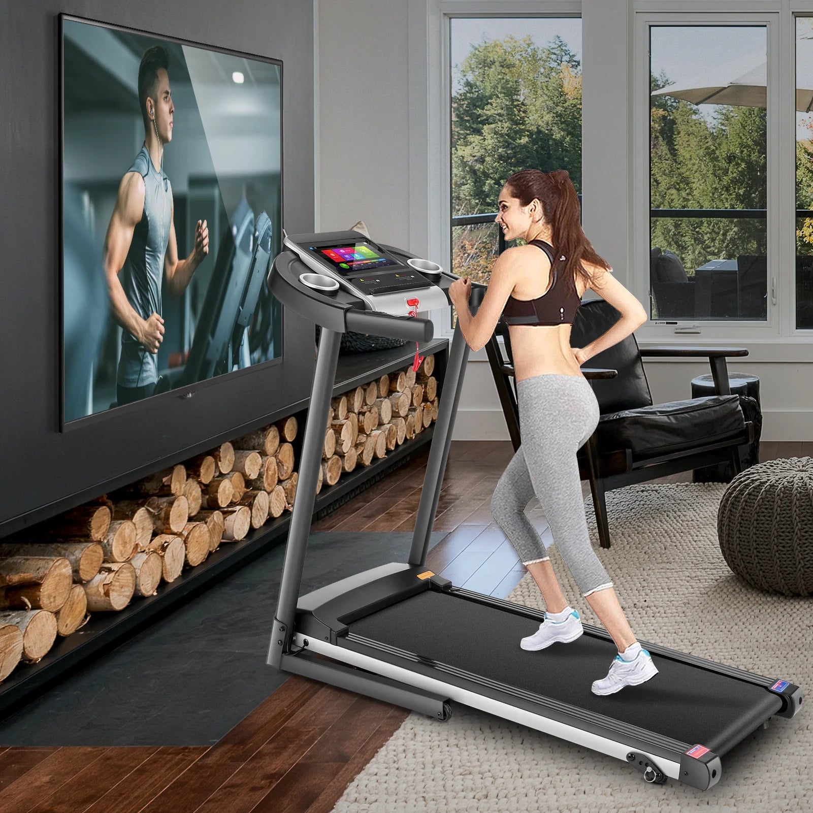 Simpfree Treadmill with 10" HD TV Movie Touchscreen and 3D Virtual Sports Scene, 0.5-9.0 mph/h & 3.25HP Electric Treadmill with Incline for Home（Black）